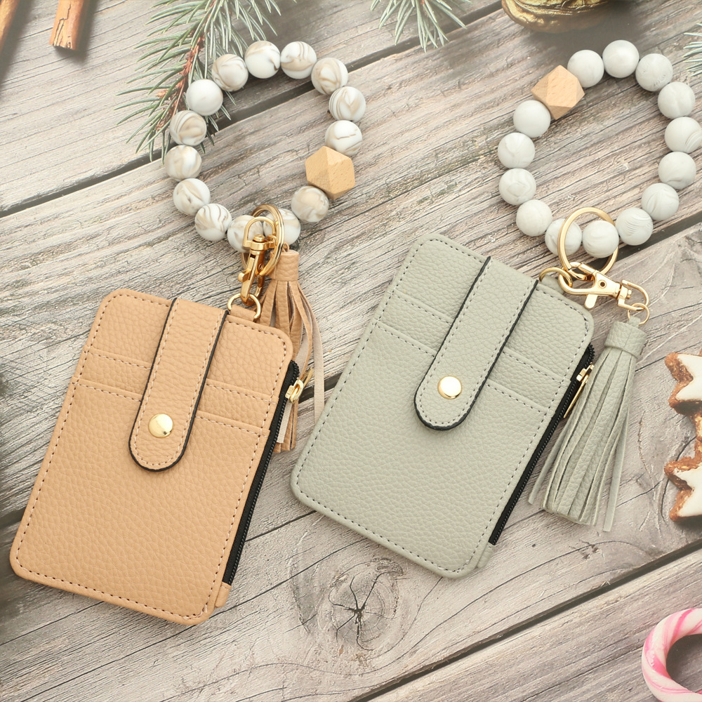 2-PCS Khaki Silicone Bead Keychain Bracelet Wallet PU Leather ID Card Holder with Tassel Wristlet Bangle for Women - Image 2