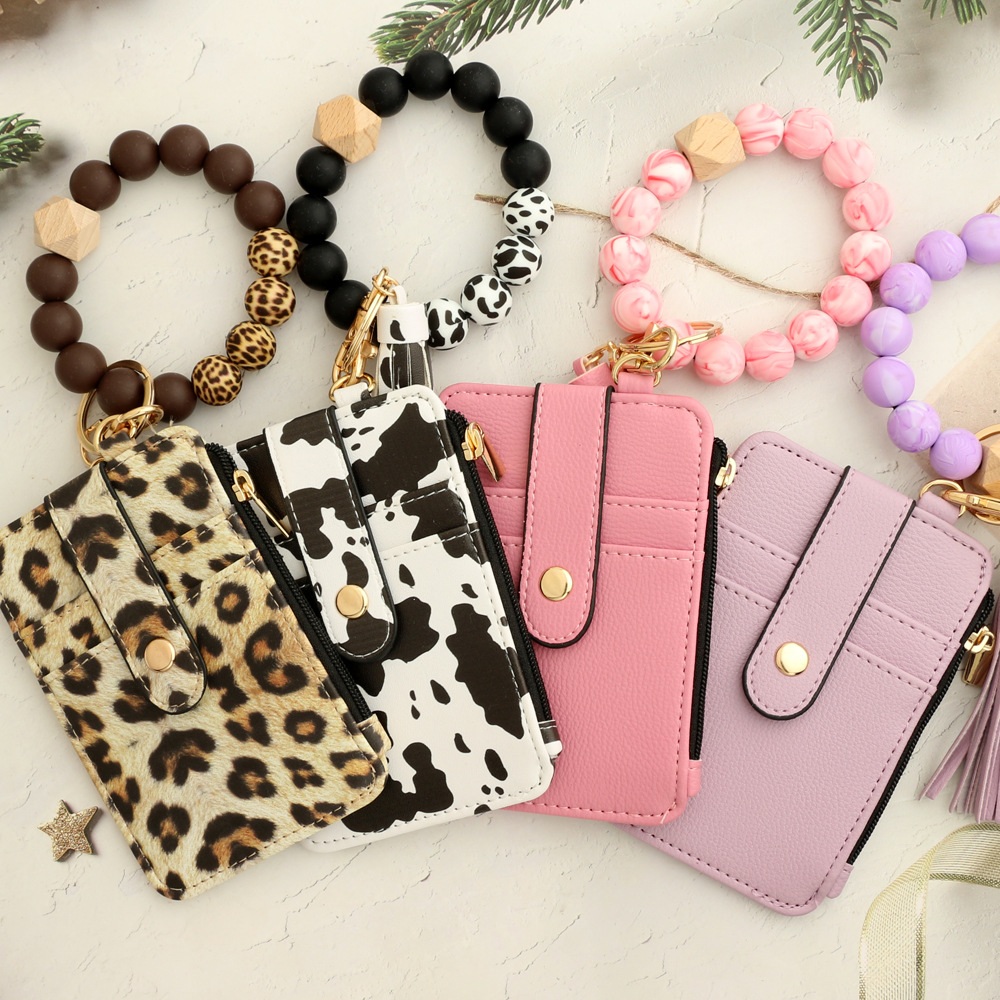 2-PCS Khaki Silicone Bead Keychain Bracelet Wallet PU Leather ID Card Holder with Tassel Wristlet Bangle for Women - Image 3