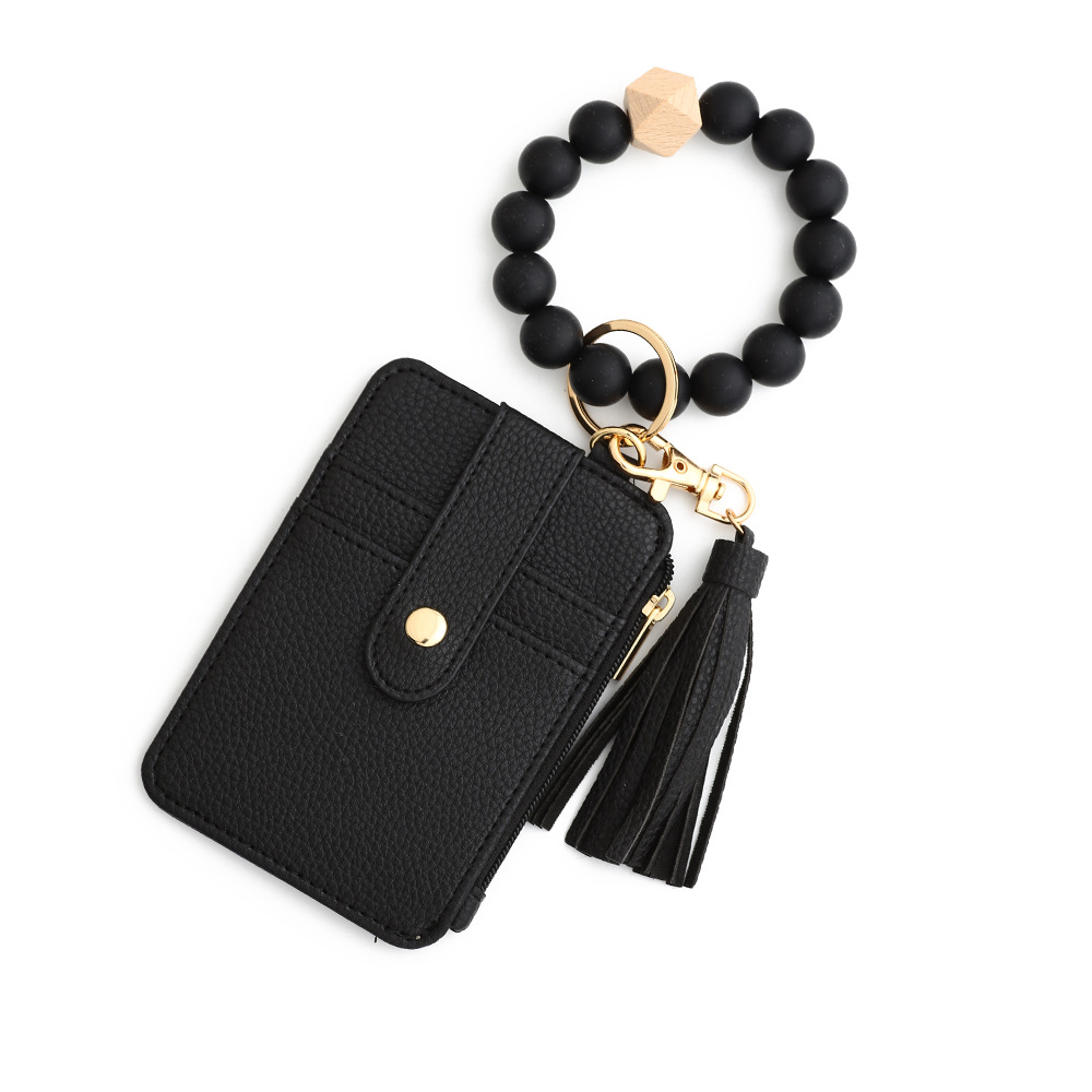 2-PCS Black Silicone Bead Keychain Bracelet Wallet PU Leather ID Card Holder with Tassel Wristlet Bangle for Women - Image 1