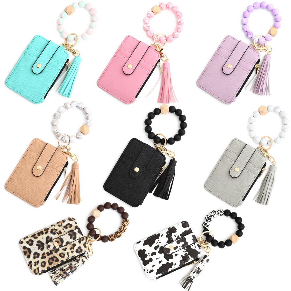 2-PCS Black Silicone Bead Keychain Bracelet Wallet PU Leather ID Card Holder with Tassel Wristlet Bangle for Women - Image 4