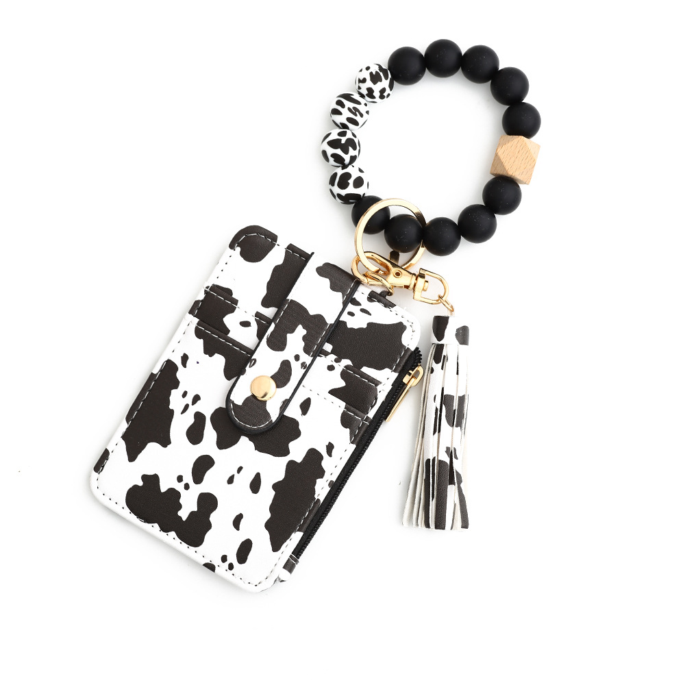 2-PCS Big Cow Silicone Bead Keychain Bracelet Wallet PU Leather ID Card Holder with Tassel Wristlet Bangle for Women - Image 1