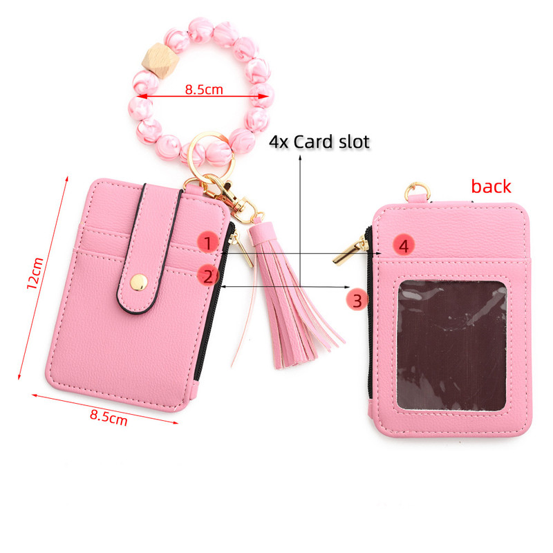 2-PCS Big Cow Silicone Bead Keychain Bracelet Wallet PU Leather ID Card Holder with Tassel Wristlet Bangle for Women - Image 5