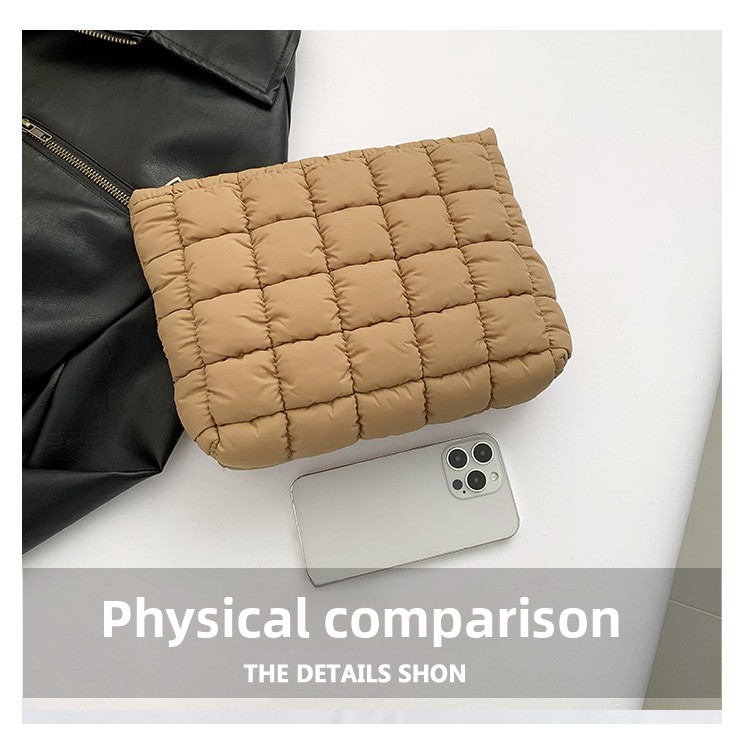 White Puffer Makeup Bag Quilted Pouch Cosmetic Organizer Bag Soft Nylon Travel Toiletry Bag Zipper Handbag for Women - Image 4