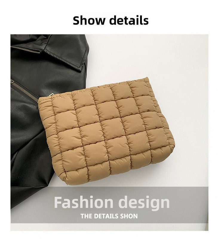 Blue Puffer Makeup Bag Quilted Pouch Cosmetic Organizer Bag Soft Nylon Travel Toiletry Bag Zipper Handbag for Women - Image 2