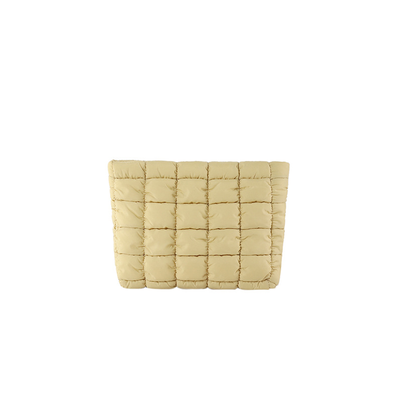 Khaki Puffer Makeup Bag Quilted Pouch Cosmetic Organizer Bag Soft Nylon Travel Toiletry Bag Zipper Handbag for Women - Image 1