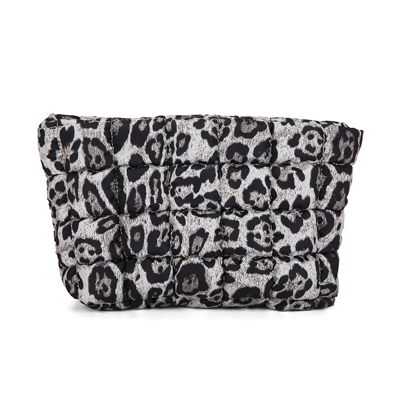White leopard print Puffer Makeup Bag Quilted Pouch Cosmetic Organizer Bag Soft Nylon Travel Toiletry Bag Zipper Handbag for Women - Image 1