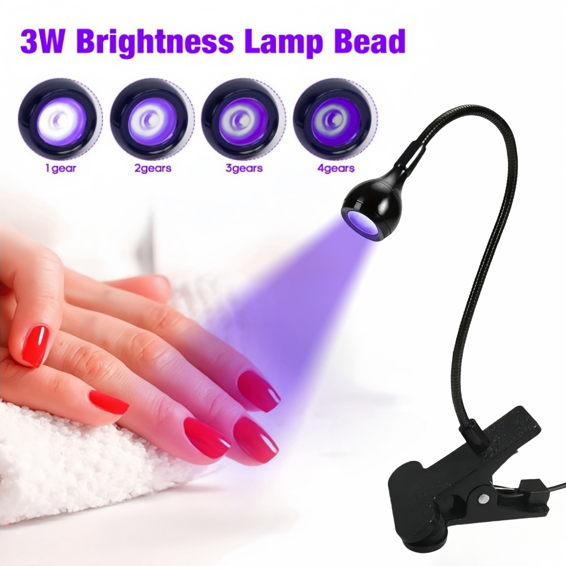 Black 3W UV LED Gel Nail Curing Lamp Clip On Flexible Gooseneck Light 4 Brightness Levels for Gel Polish and Resin Curing - Image 1