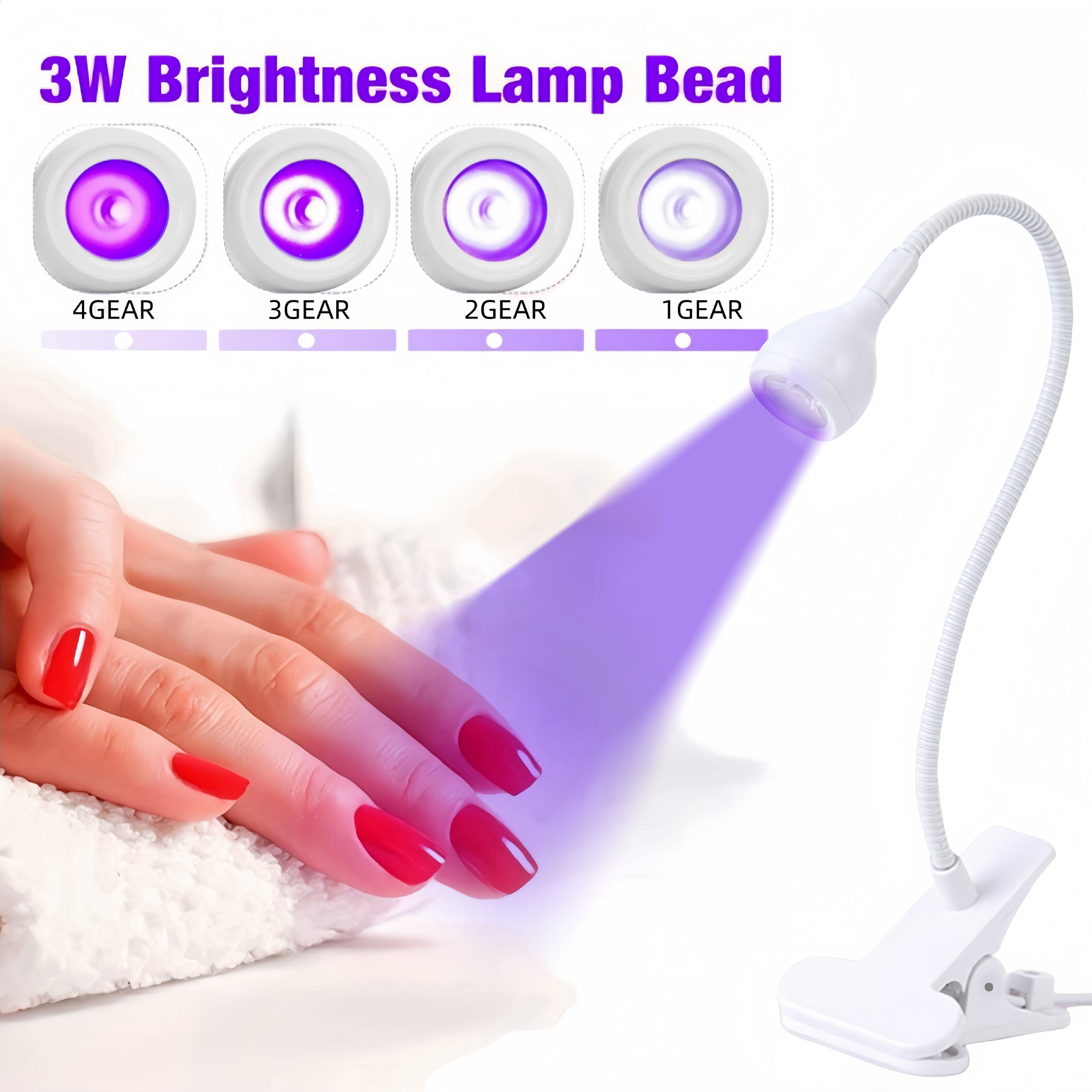 White 3W UV LED Gel Nail Curing Lamp Clip On Flexible Gooseneck Light 4 Brightness Levels for Gel Polish and Resin Curing - Image 1
