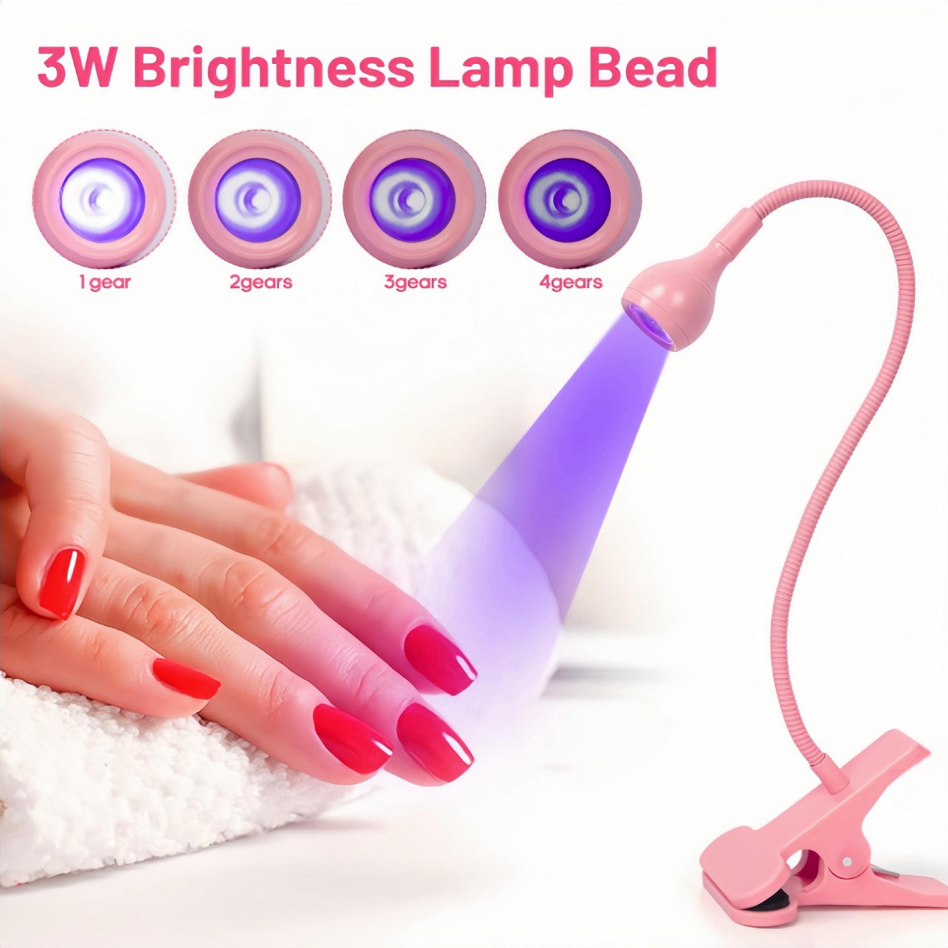 Pink 3W UV LED Gel Nail Curing Lamp Clip On Flexible Gooseneck Light 4 Brightness Levels for Gel Polish and Resin Curing - Image 1