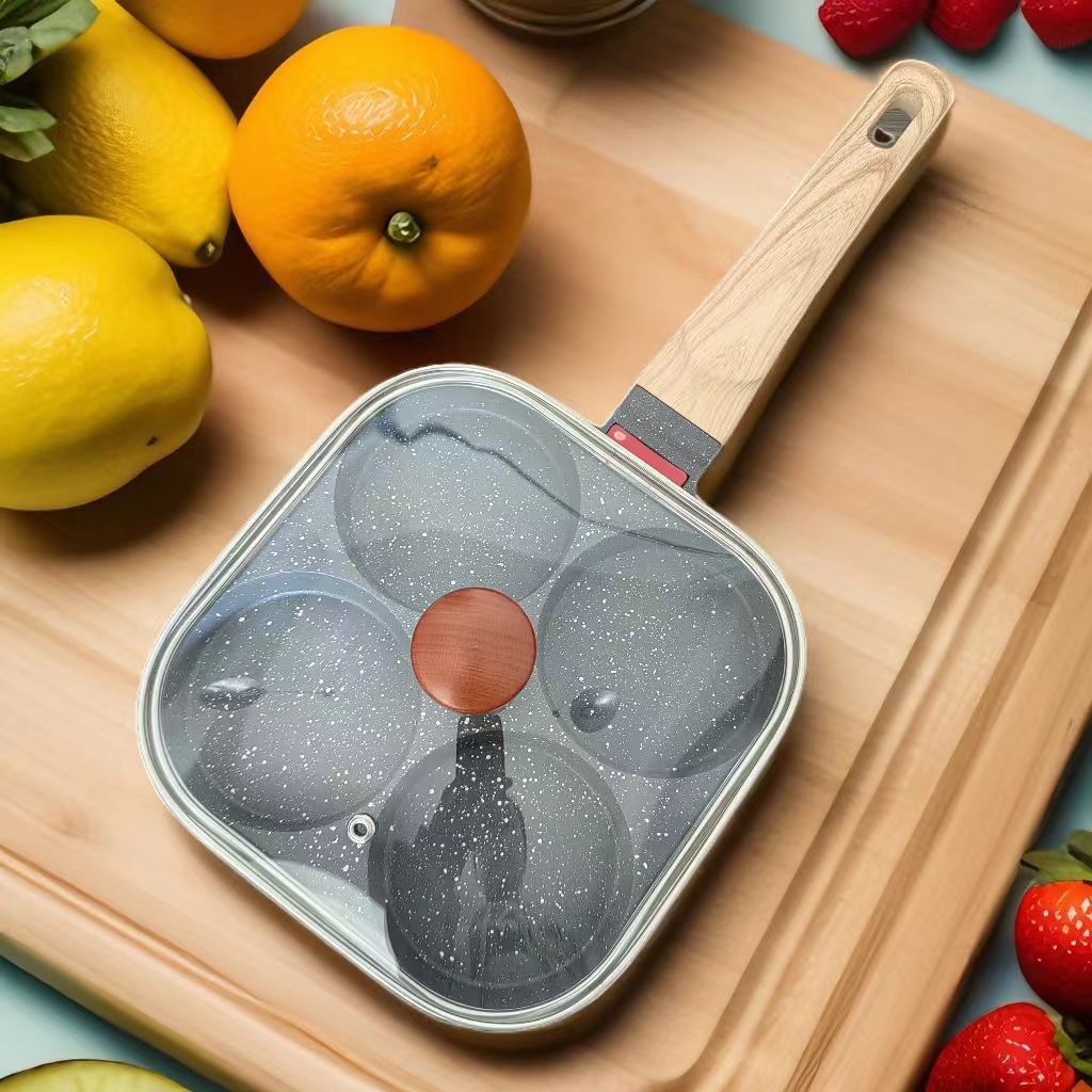 4-Hole Non-Stick Fried Egg Pan with Glass Lid Maifan Stone Coating Breakfast Pancake Maker for Burgers and Omelettes(Wood-coloured cover bead) - Image 1