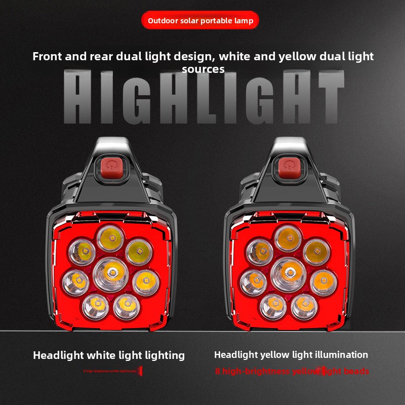 Gold Solar Powered LED Camping Lantern and Flashlight Rechargeable Portable Searchlight with Side Light and USB Power Bank for Outdoor Emergency - Image 2
