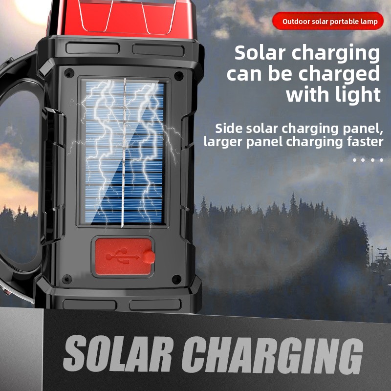 Gold Solar Powered LED Camping Lantern and Flashlight Rechargeable Portable Searchlight with Side Light and USB Power Bank for Outdoor Emergency - Image 3