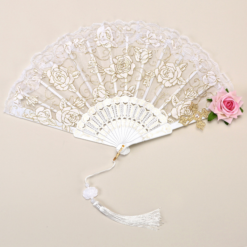 2 Pack White lace pink roses Vintage Lace Folding Fans Gothic Palace Style with Rose Cross Tassels for Tea Party Cosplay and Photo Props - Image 1