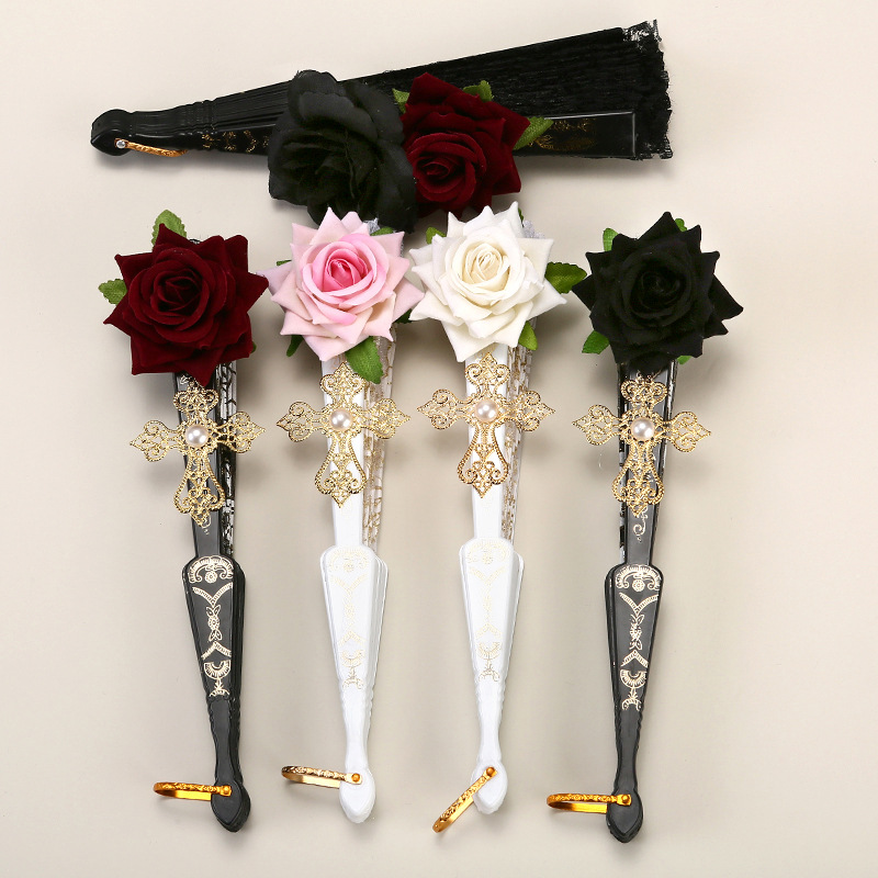 2 Pack White lace pink roses Vintage Lace Folding Fans Gothic Palace Style with Rose Cross Tassels for Tea Party Cosplay and Photo Props - Image 4