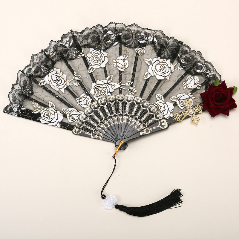 2 Pack Black Lace Burgundy Rose Vintage Lace Folding Fans Gothic Palace Style with Rose Cross Tassels for Tea Party Cosplay and Photo Props - Image 1