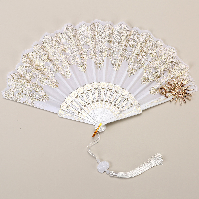 2 Pack White Sunflower with Gold Foil Embossing Vintage Lace Folding Fans Gothic Palace Style with Rose Cross Tassels for Tea Party Cosplay and Photo Props - Image 1