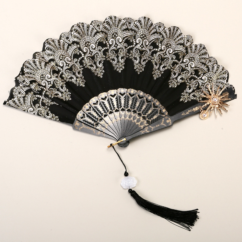 2 Pack Black Sunflower with Gold Foil Stamping Vintage Lace Folding Fans Gothic Palace Style with Rose Cross Tassels for Tea Party Cosplay and Photo Props - Image 1