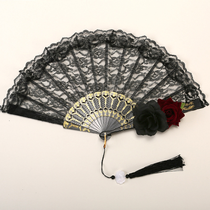 2 Pack Double Rose Obscur Vintage Lace Folding Fans Gothic Palace Style with Rose Cross Tassels for Tea Party Cosplay and Photo Props - Image 1