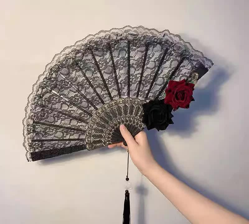 2 Pack Double Rose Obscur Vintage Lace Folding Fans Gothic Palace Style with Rose Cross Tassels for Tea Party Cosplay and Photo Props - Image 2