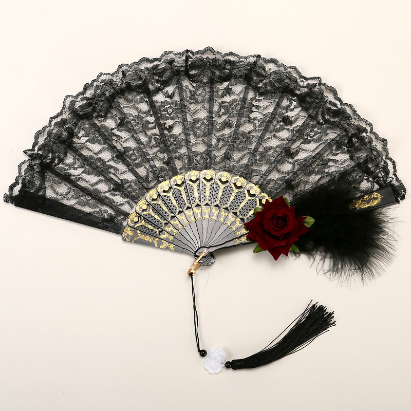 2 Pack Black Feather Wine-Red Rose Lace Vintage Lace Folding Fans Gothic Palace Style with Rose Cross Tassels for Tea Party Cosplay and Photo Props - Image 1