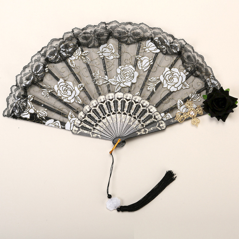 2 Pack Black Lace Black Rose Cross Vintage Lace Folding Fans Gothic Palace Style with Rose Cross Tassels for Tea Party Cosplay and Photo Props - Image 1