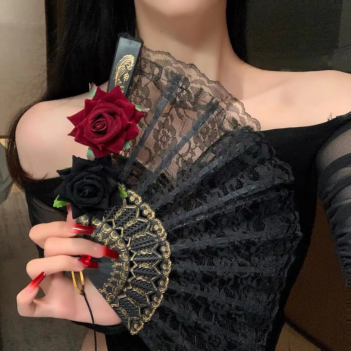2 Pack Black Lace Black Rose Cross Vintage Lace Folding Fans Gothic Palace Style with Rose Cross Tassels for Tea Party Cosplay and Photo Props - Image 3