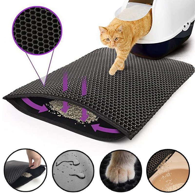 2-PCS Blue Double Layer Cat Litter Mat Honeycomb Design Waterproof EVA Trapping Mat for Litter Box Tracking Control 40x50cm Easy Clean Australian Pet Supplies - Image 2
