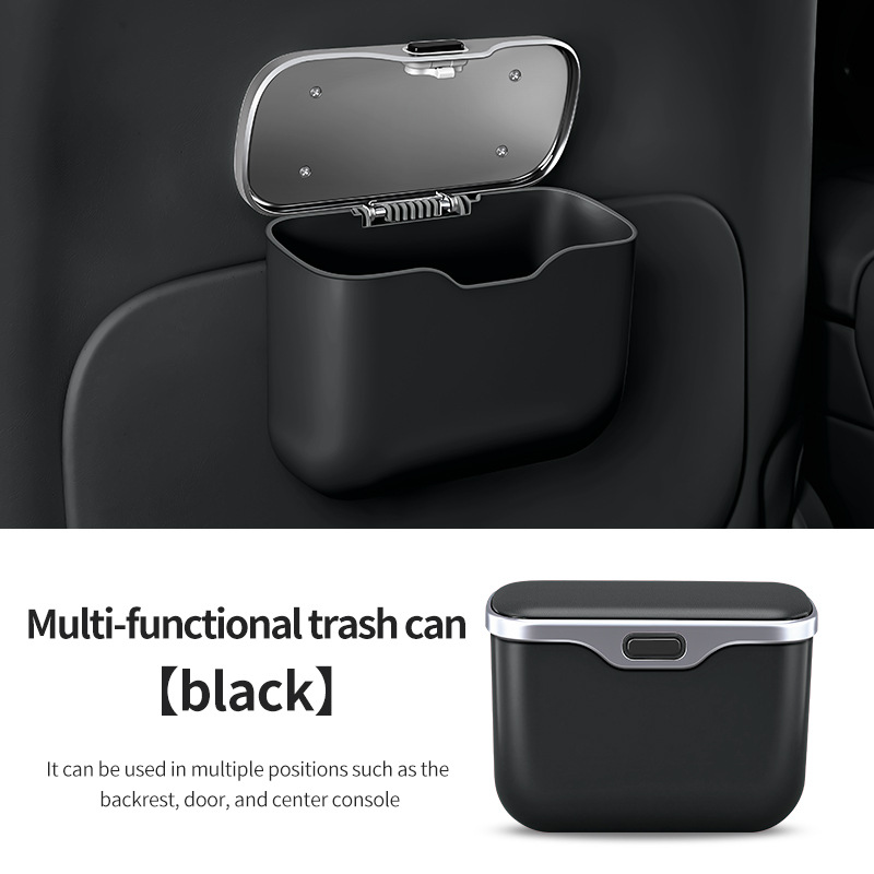 Car Trash Can Hanging Rubbish Bin with Lid Waterproof Leather Vehicle Organiser Storage Box for Door Seat Back Console Black - Image 1