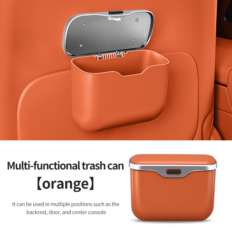 Car Trash Can Hanging Rubbish Bin with Lid Waterproof Leather Vehicle Organiser Storage Box for Door Seat Back Console Orange - Image 1