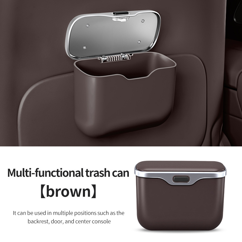 Car Trash Can Hanging Rubbish Bin with Lid Waterproof Leather Vehicle Organiser Storage Box for Door Seat Back Console Brown - Image 1