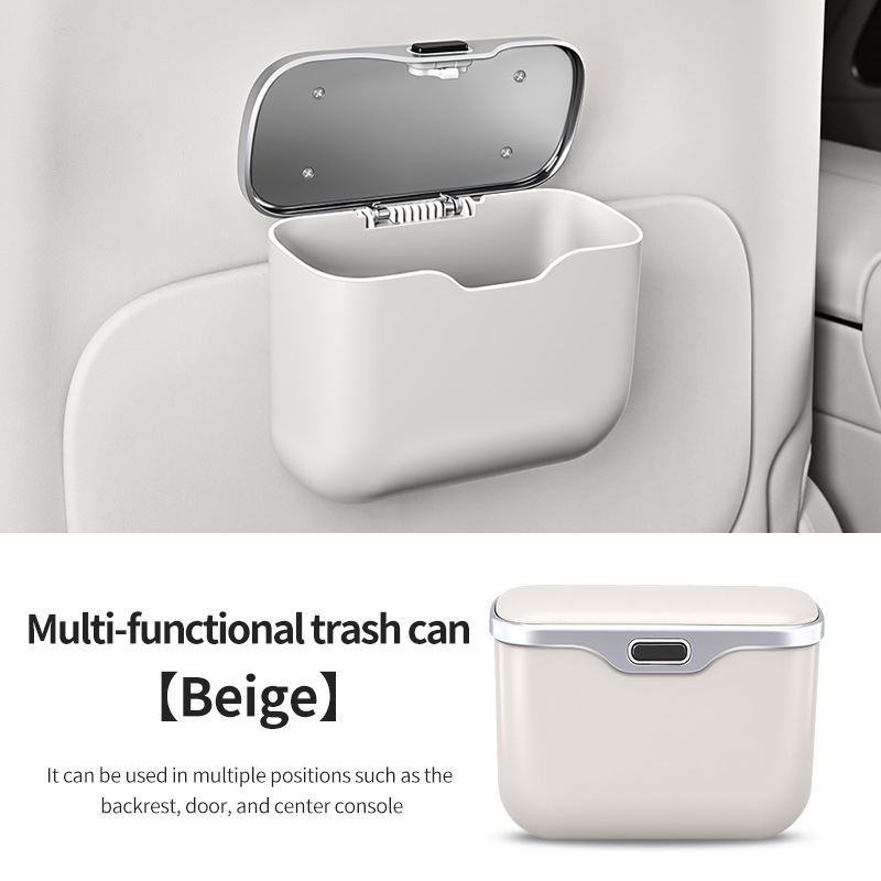 Car Trash Can Hanging Rubbish Bin with Lid Waterproof Leather Vehicle Organiser Storage Box for Door Seat Back Console Beige - Image 1