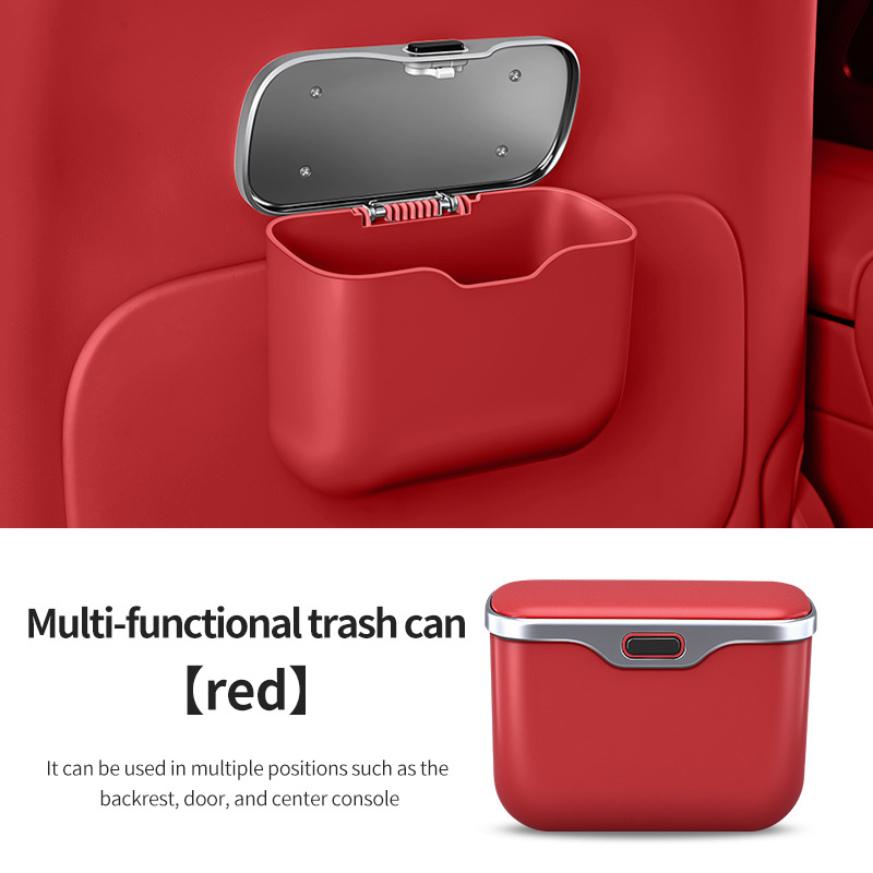 Car Trash Can Hanging Rubbish Bin with Lid Waterproof Leather Vehicle Organiser Storage Box for Door Seat Back Console Red - Image 1