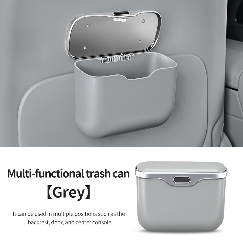 Car Trash Can Hanging Rubbish Bin with Lid Waterproof Leather Vehicle Organiser Storage Box for Door Seat Back Console Grey - Image 1