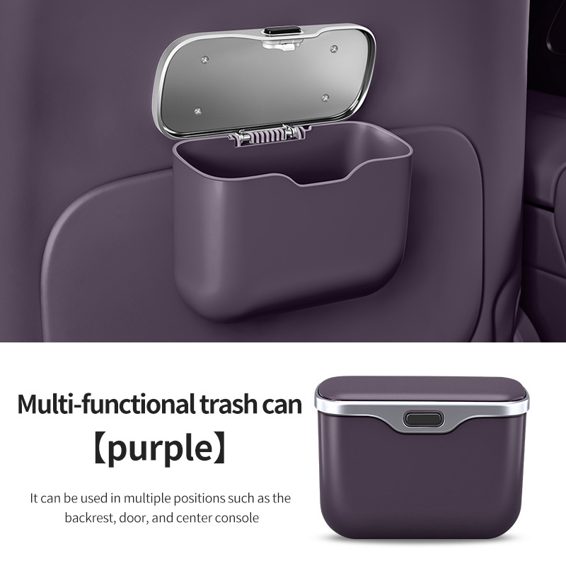 Car Trash Can Hanging Rubbish Bin with Lid Waterproof Leather Vehicle Organiser Storage Box for Door Seat Back Console Purple - Image 1