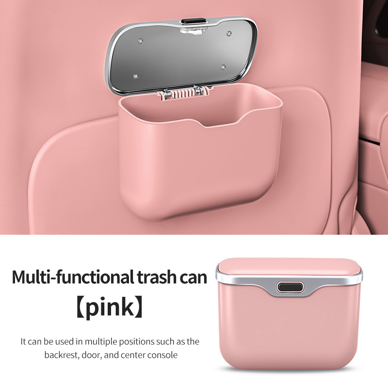 Car Trash Can Hanging Rubbish Bin with Lid Waterproof Leather Vehicle Organiser Storage Box for Door Seat Back Console Pink - Image 1