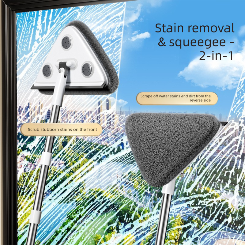 Adjustable Triangle Cleaning Mop 119cm Long Handle Window Squeegee Wall Washer Rotatable Head for Ceilings High Corners Wet Dry Use with 4 Microfibre Pads - Image 1