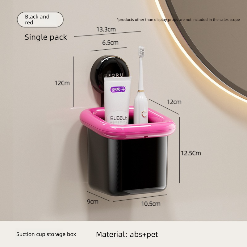 Suction Cup Bathroom Organizer Wall Mounted Toothbrush Holder No Drill Storage Caddy with Drainage for Electric Toothbrush Razor Makeup Black & Pink - Image 1