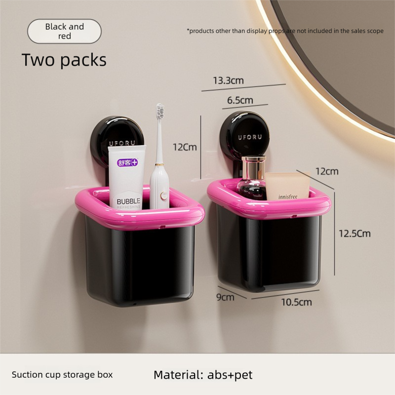 2 Pack Suction Cup Bathroom Organizer Wall Mounted Toothbrush Holder No Drill Storage Caddy with Drainage for Electric Toothbrush Razor Makeup Black & Pink - Image 1