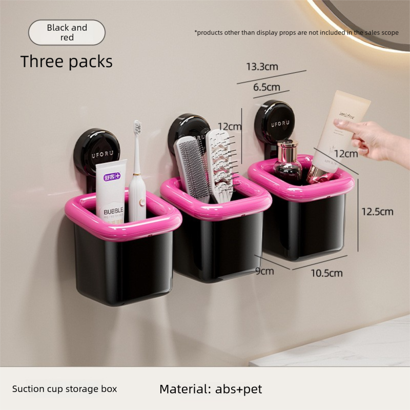 3 Pack Suction Cup Bathroom Organizer Wall Mounted Toothbrush Holder No Drill Storage Caddy with Drainage for Electric Toothbrush Razor Makeup Black & Pink - Image 1