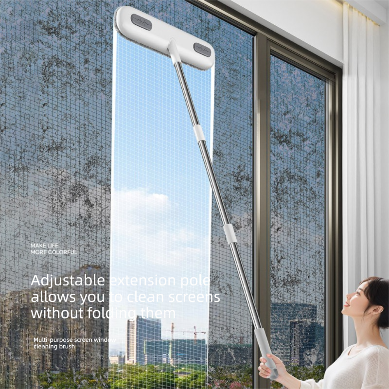 2-in-1 Window Fly Screen Cleaner Brush with Extendable 82cm Stainless Steel Handle and Wall Mount Clip Multifunctional Mesh Cleaning Tool for Wet and Dry Use - Image 2