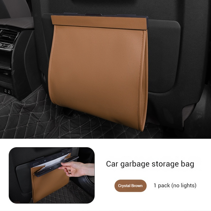 Car Trash Bag Hanging Leather Garbage Bin with Magnetic Closure Waterproof Vehicle Back Seat Organiser Leakproof Waste Storage Pocket Crystal Brown - Image 1