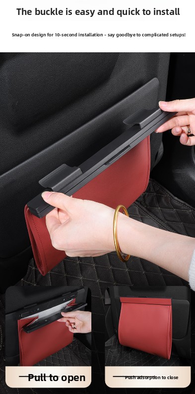 Car Trash Bag Hanging Leather Garbage Bin with Magnetic Closure Waterproof Vehicle Back Seat Organiser Leakproof Waste Storage Pocket Volcano Red - Image 3