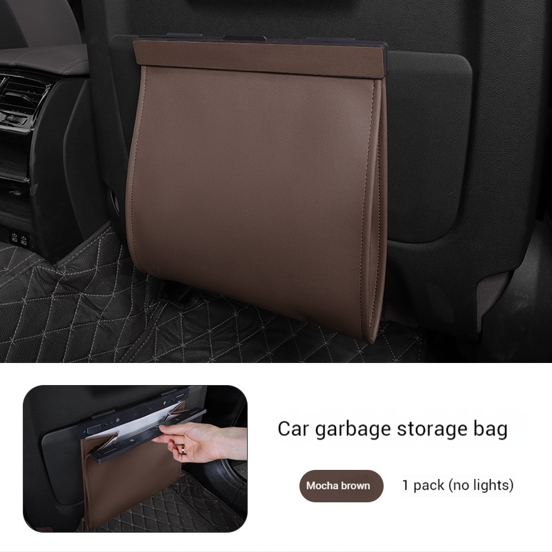 Car Trash Bag Hanging Leather Garbage Bin with Magnetic Closure Waterproof Vehicle Back Seat Organiser Leakproof Waste Storage Pocket Mocha Brown - Image 1