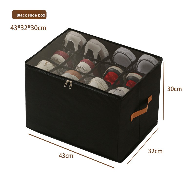 Foldable Shoe Storage Box with Clear Lid 12 Compartment Wardrobe Organiser for Sneakers Flat Sandals 600D Oxford Fabric Container with Handles Black - Image 1