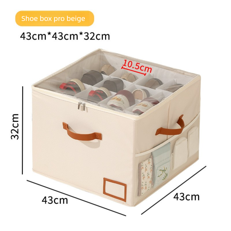 Premium Heavy Duty Shoe Storage Box 16 Grids Beige 43cm Cube Foldable Fabric Wardrobe Organiser with Label Holder and Side Pockets - Image 1