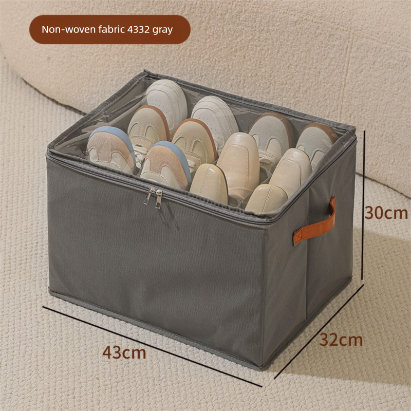 Foldable Shoe Storage Box 12 Compartments Breathable Non-Woven Fabric Wardrobe Organiser with Clear Lid Lightweight Shoe Container Grey 43cm - Image 1