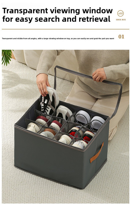 Foldable Shoe Storage Box 12 Compartments Breathable Non-Woven Fabric Wardrobe Organiser with Clear Lid Lightweight Shoe Container Grey 43cm - Image 2