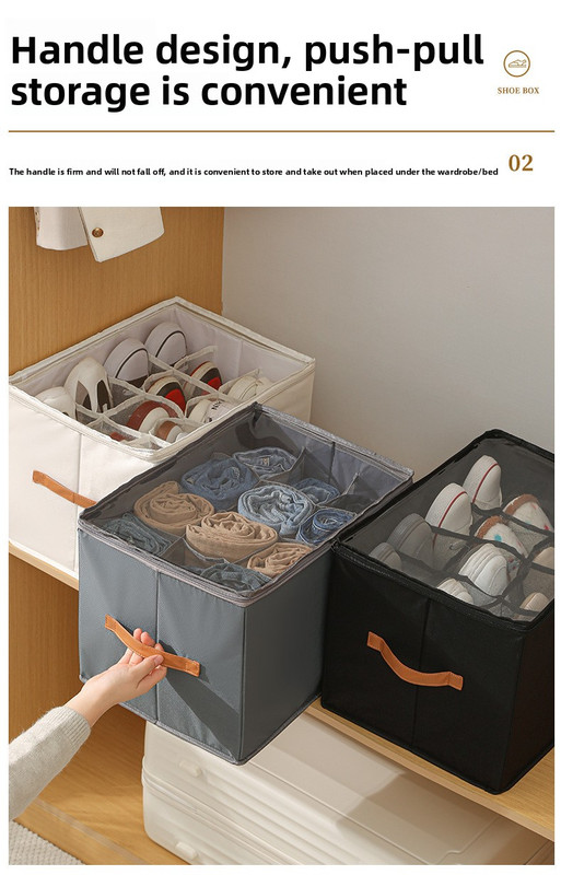 Foldable Shoe Storage Box 12 Compartments Breathable Non-Woven Fabric Wardrobe Organiser with Clear Lid Lightweight Shoe Container Grey 43cm - Image 3