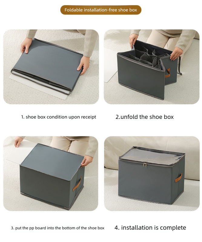 Foldable Shoe Storage Box 12 Compartments Breathable Non-Woven Fabric Wardrobe Organiser with Clear Lid Lightweight Shoe Container Grey 43cm - Image 5