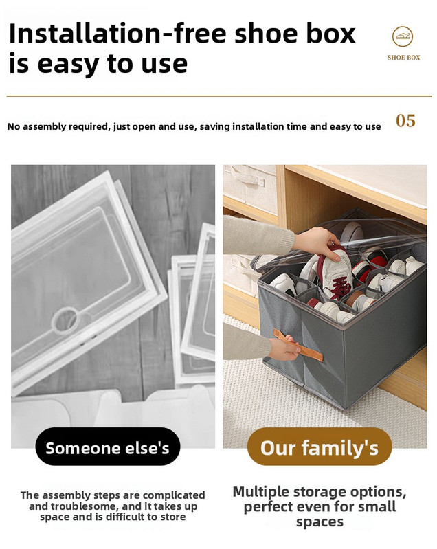 Foldable Shoe Storage Box 12 Compartments Breathable Non-Woven Fabric Wardrobe Organiser with Clear Lid Lightweight Shoe Container Grey 43cm - Image 7